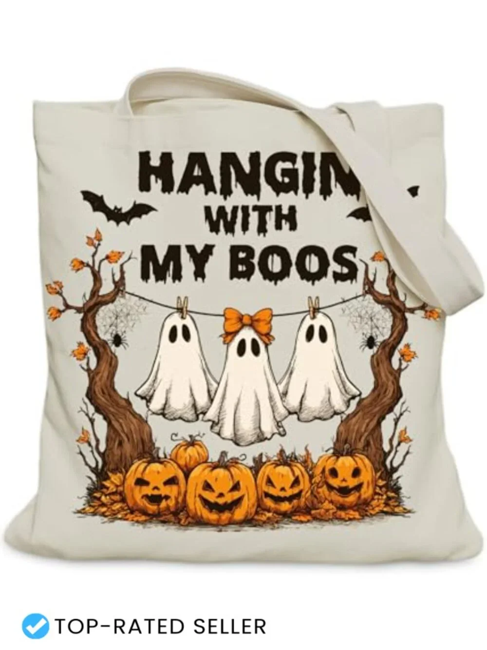 Halloween Ghost Tote Bag for Women, Spooky Season Canvas Shoulder Bag with